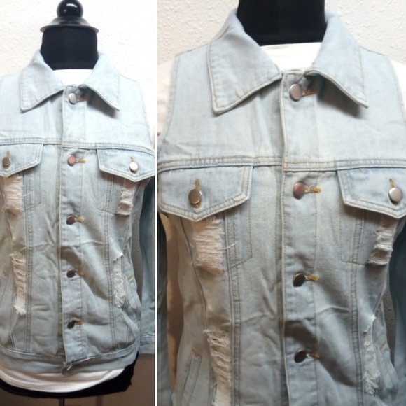 36 Point 5 Light Blue Distressed Denim Jacket - Picture 5 of 5